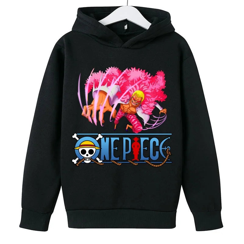A trendy One Piece Kids Hoodie featuring cartoon graphic prints of Luffy and Zoro, designed as a casual spring and autumn pullover for children.