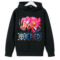 A trendy One Piece Kids Hoodie featuring cartoon graphic prints of Luffy and Zoro, designed as a casual spring and autumn pullover for children.