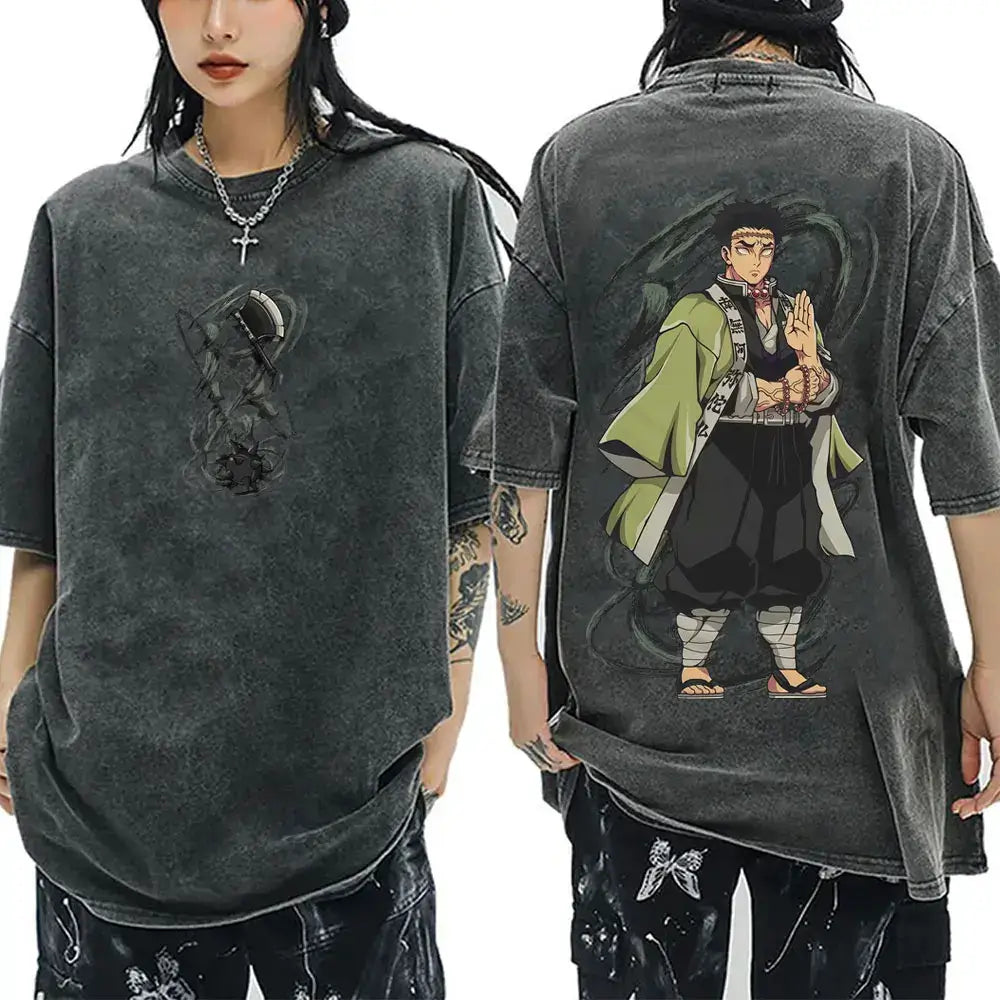 A vintage washed Demon Slayer Serpent Hashira Iguro Obanai T Shirt in a casual, oversized style for men and women.