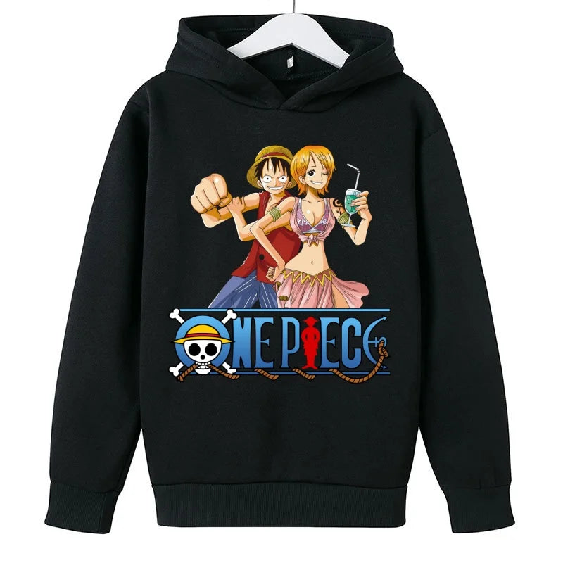 A trendy One Piece Kids Hoodie featuring cartoon graphic prints of Luffy and Zoro, designed as a casual spring and autumn pullover for children.