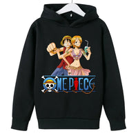 A trendy One Piece Kids Hoodie featuring cartoon graphic prints of Luffy and Zoro, designed as a casual spring and autumn pullover for children.