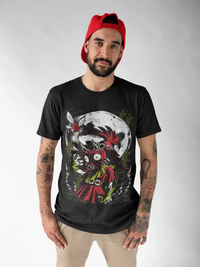 A trendy Majora's Mask T-shirt featuring a dark graphic print of Skull Kid and the cursed mask, styled as Y2K women's streetwear.
