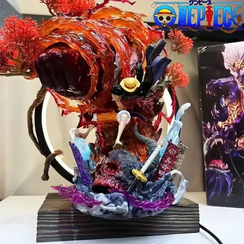 A dynamic Luffy Gear 3 Figure made of PVC, featuring glowing LED Red Roc fire effects, designed as a GK anime collectible statue.