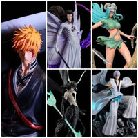 A vibrant Bleach Blind Box packaging revealing highly detailed anime action figures of Kurosaki Ichigo, Sosuke Aizen, and Rukia Kuchiki for collector display.