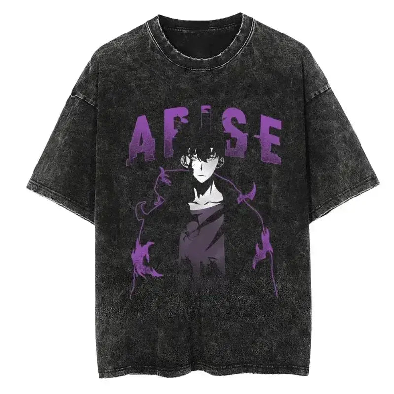 A hot unisex and plus size Solo Leveling Sung Jin-Woo Printed T Shirt in a washed cotton Harajuku style.