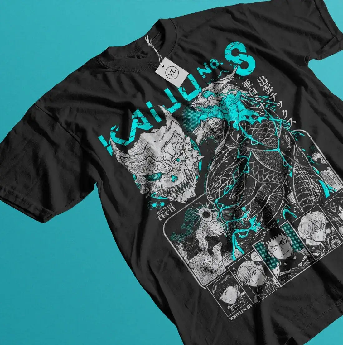 A black Kaiju No 8 T-shirt featuring a manga graphic of Captain Mina Ashiro holding a cannon, styled as a Y2K top for women's clothing.