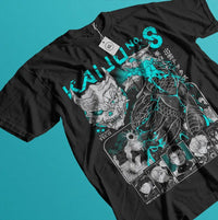 A black Kaiju No 8 T-shirt featuring a manga graphic of Captain Mina Ashiro holding a cannon, styled as a Y2K top for women's clothing.