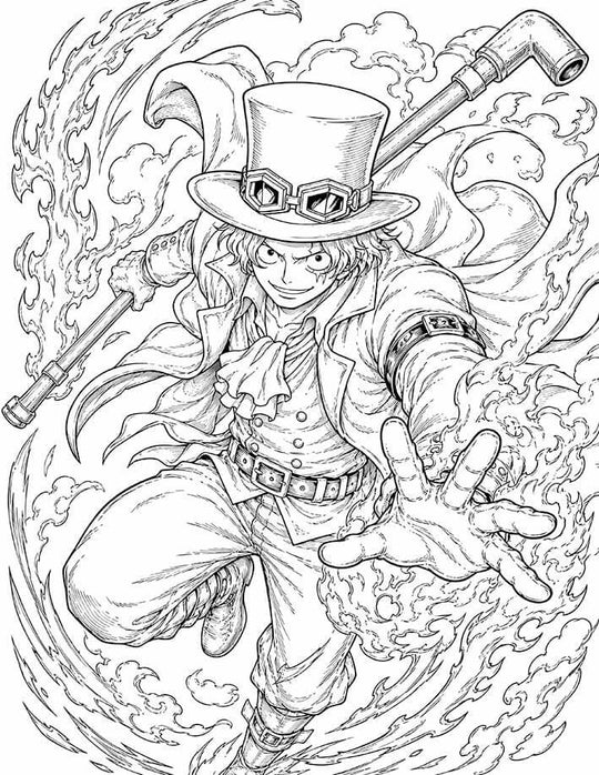 Sabo One Piece Coloring Page Flame Emperor printable PDF high resolution line art Revolutionary Army chief with fire powers top hat goggles pipe staff swirling flames
