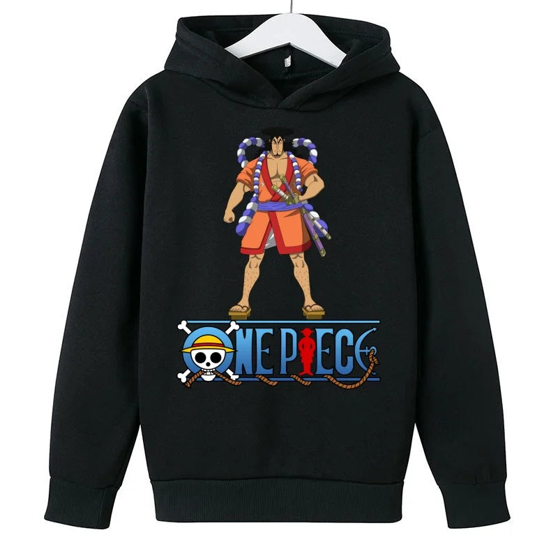A trendy One Piece Kids Hoodie featuring cartoon graphic prints of Luffy and Zoro, designed as a casual spring and autumn pullover for children.