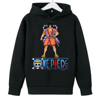 A trendy One Piece Kids Hoodie featuring cartoon graphic prints of Luffy and Zoro, designed as a casual spring and autumn pullover for children.