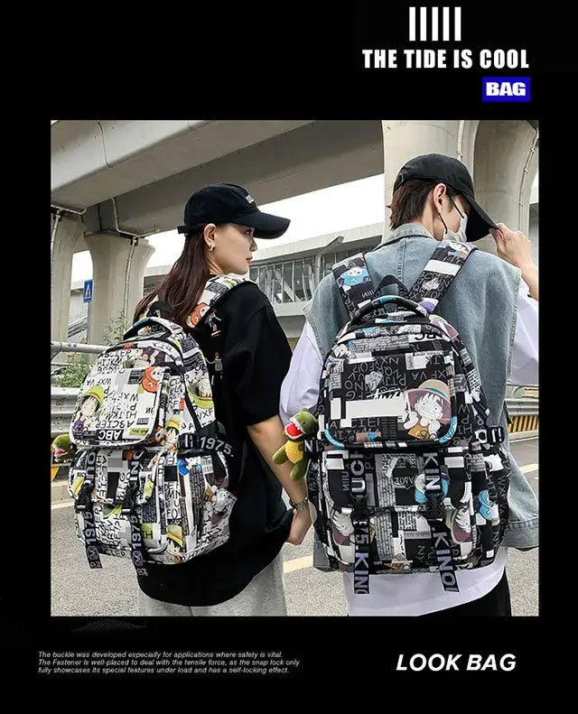 A high-capacity One Piece Luffy Backpack featuring a vibrant graffiti print of Monkey D. Luffy, designed as a durable school bag for middle and high students.