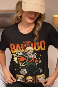 A premium Katsuki Bakugo T-Shirt featuring explosive anime manga art of the My Hero Academia hero Dynamight for men and women.