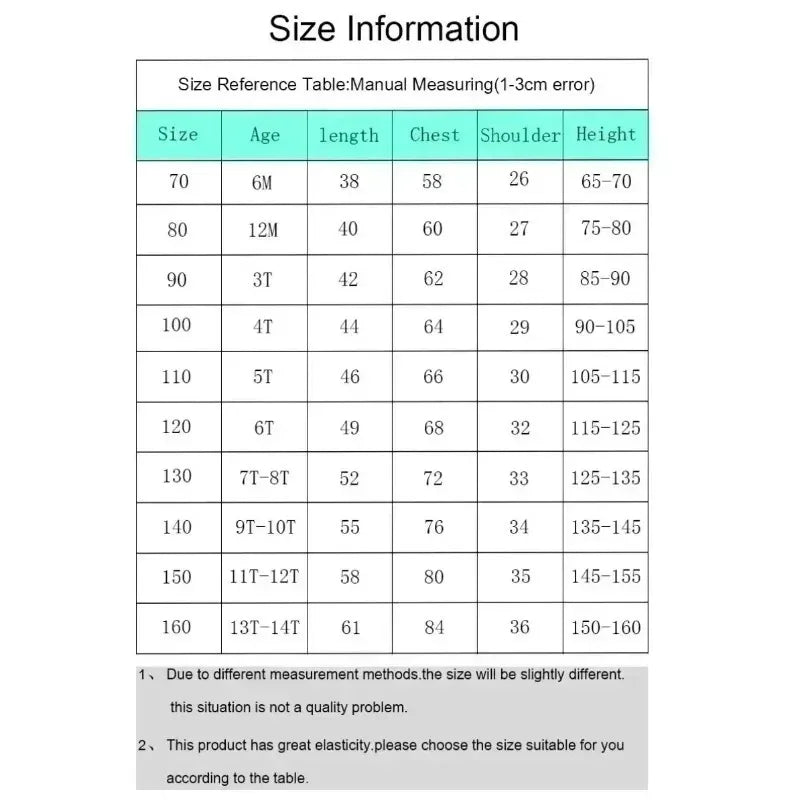 Size Reference Table for Zoro Luffy 3D T-Shirt One Piece Quick-Dry, detailing sizes and measurements for children and adults.