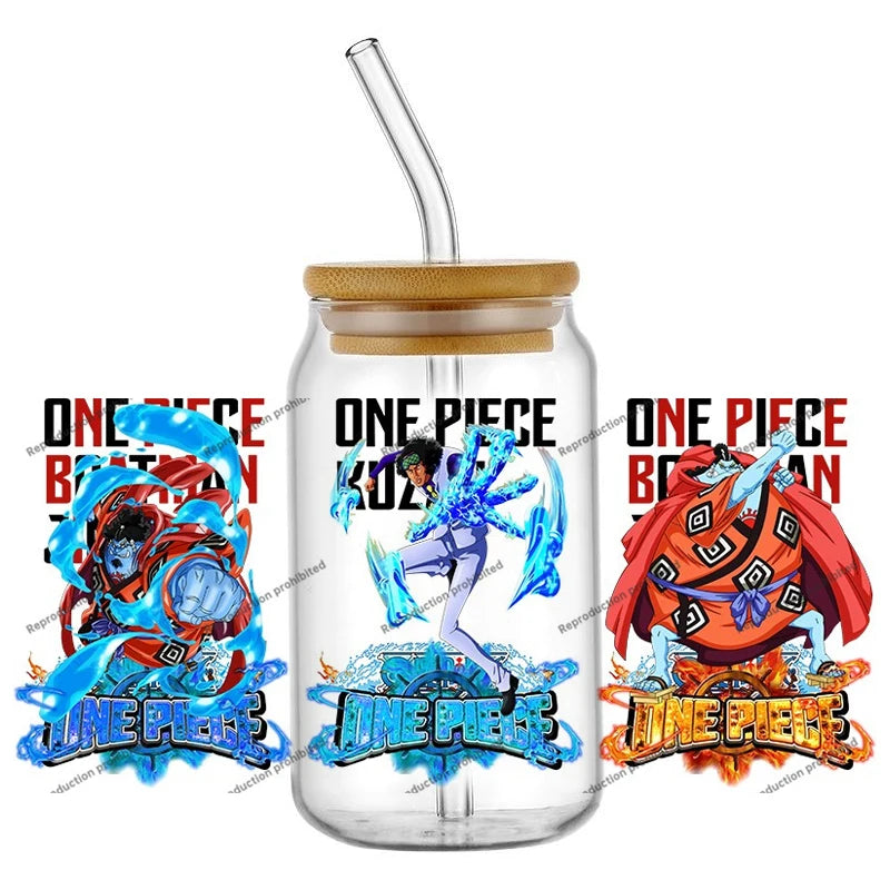 A collection of the newest 31 designs of popular One Piece UV DTF Stickers for a 16oz glass cup.