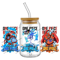 A collection of the newest 31 designs of popular One Piece UV DTF Stickers for a 16oz glass cup.