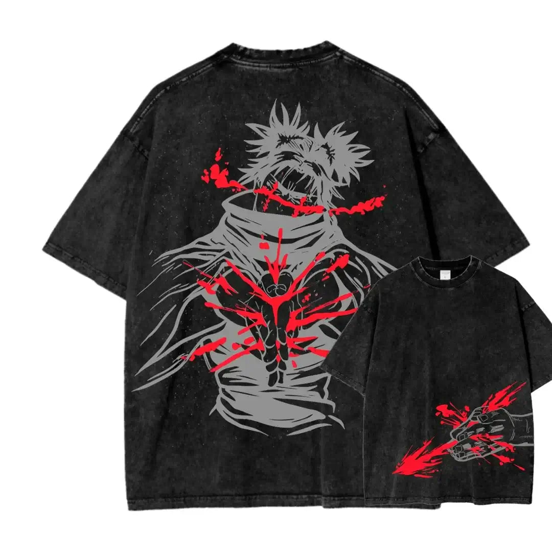 A vintage washed Jujutsu Kaisen CHOSO T-shirt in a Harajuku street style for men and women.