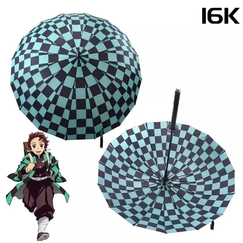 A black Tanjiro Katana Umbrella featuring a replica Nichirin sword handle and UV blocking canopy, inspired by the Demon Slayer anime.