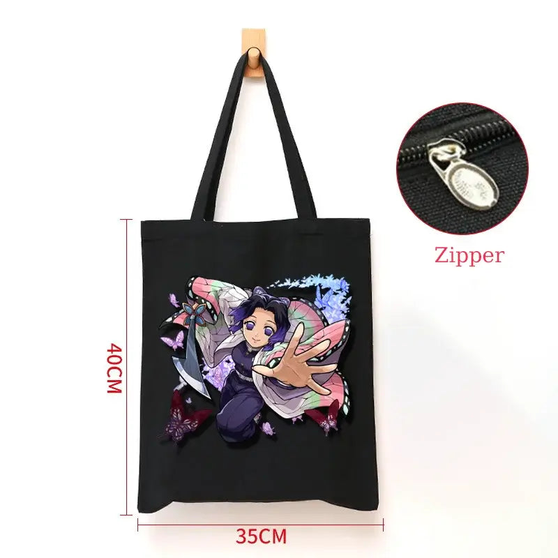 A durable Demon Slayer Canvas Bag featuring Kamado Nezuko and Tanjiro anime graphics, designed as a zipper tote for students and shoppers.