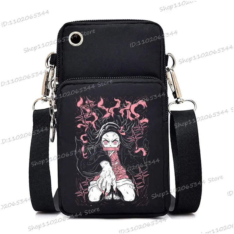 A trendy Demon Slayer Phone Bag featuring anime art of Nezuko Kamado and Mitsuri Kanroji, designed as a Harajuku mini crossbody purse for women and men.