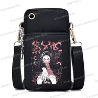 A trendy Demon Slayer Phone Bag featuring anime art of Nezuko Kamado and Mitsuri Kanroji, designed as a Harajuku mini crossbody purse for women and men.