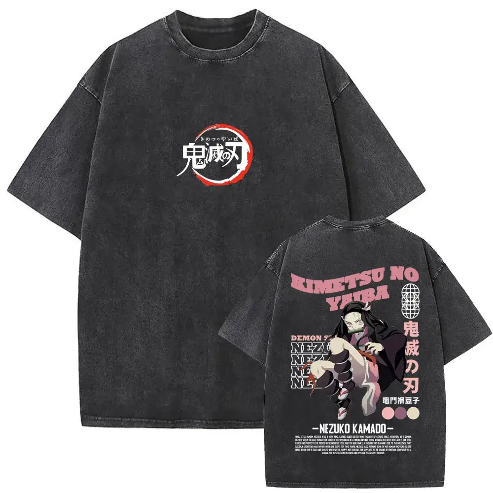 A vintage washed Demon Slayer Daki Graphic T-shirt with a cherry blossom design, an oversized casual cotton tee for men and women.
