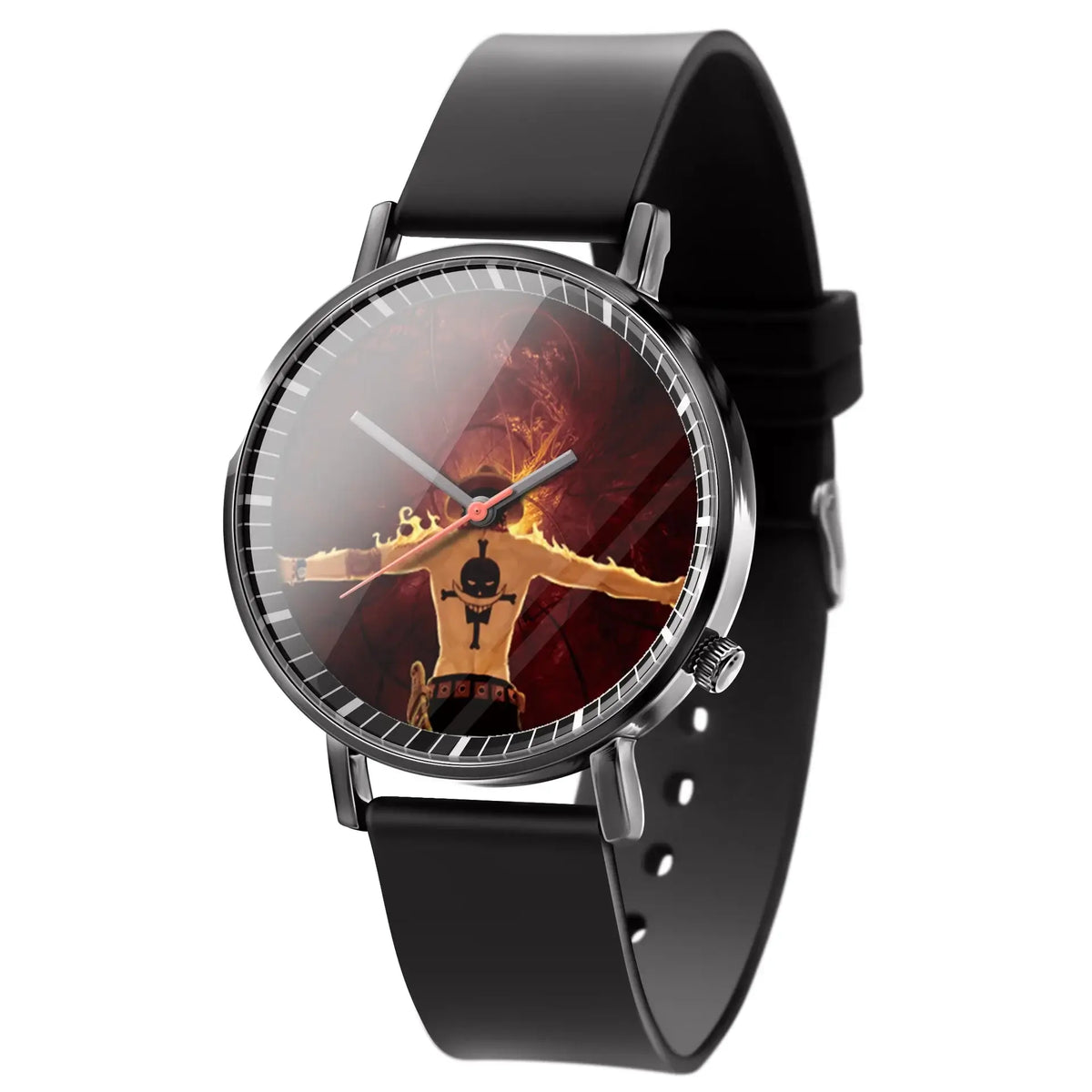 A colorful One Piece Luffy Watch featuring Fire Fist Ace anime action figure art on the dial, analog quartz movement for kids.