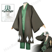 Urahara Kisuke BLEACH Cosplay Costume showcasing a 3-piece set with a top, pants, and wide-brimmed hat.