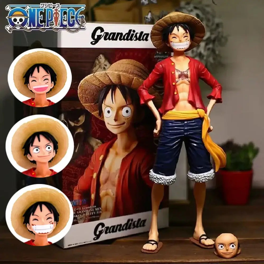 A 28cm One Piece Luffy Figure made of PVC, featuring three interchangeable face plates showing confident and smiley expressions for custom display.