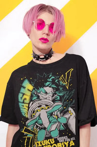 A trendy Deku Streetwear T-Shirt made of 100% cotton, featuring a fire style Izuku Midoriya graphic art for unisex Japanese fashion.