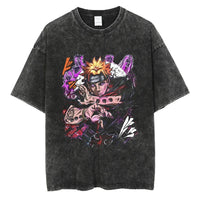 Men's vintage Naruto Rock Lee Streetwear T Shirt in a washed black style, featuring an anime graphic of the taijutsu master.