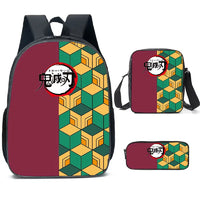 A pink Demon Slayer Backpack 3-piece set featuring Kamado Nezuko anime art, including a schoolbag, shoulder bag, and pencil case for students.