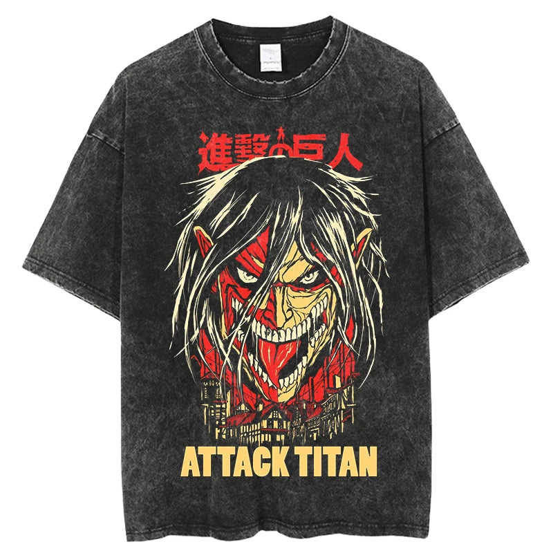 A vintage-washed Eren Jaeger T-Shirt featuring a gritty Attack on Titan manga graphic, styled as oversized Harajuku streetwear for men and women.