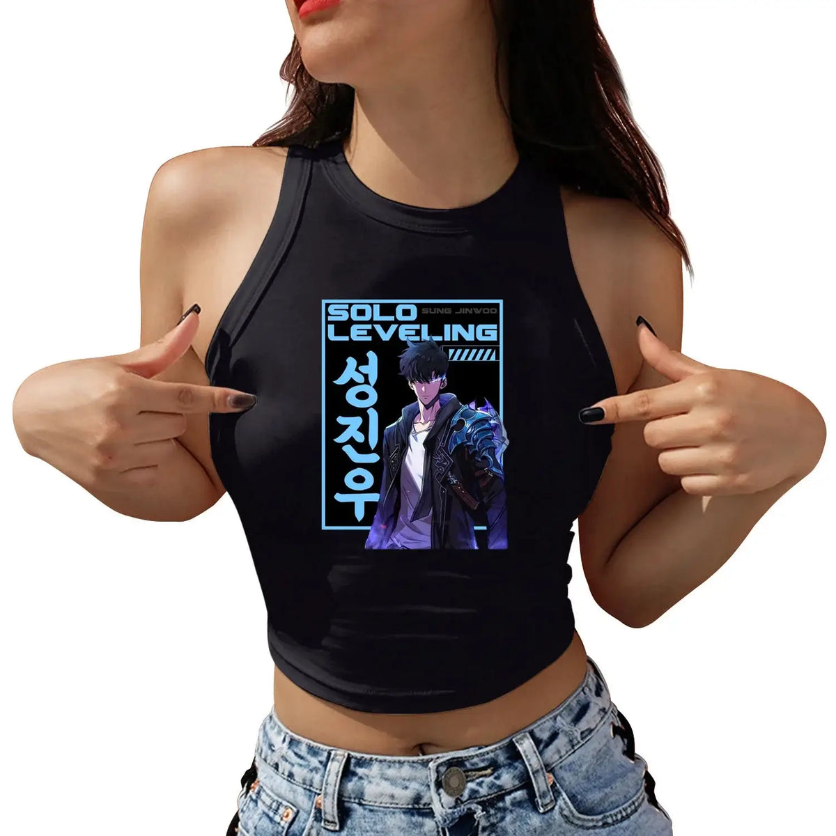 A woman wearing the Anime Sung Jin Woo Crop Top, a sleeveless Y2K Harajuku summer camisole from Solo Leveling.