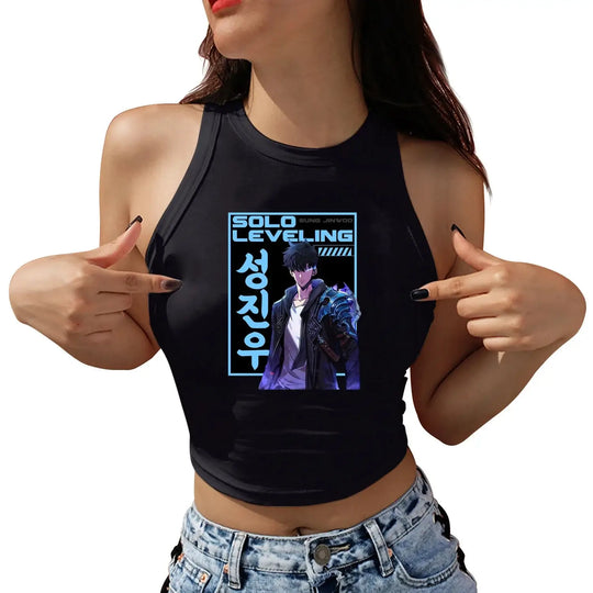 A woman wearing the Anime Sung Jin Woo Crop Top, a sleeveless Y2K Harajuku summer camisole from Solo Leveling.