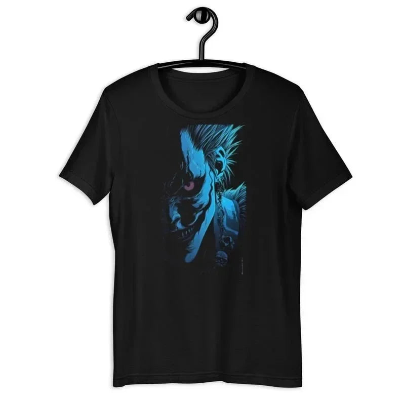 A trendy Death Note T-shirt featuring high-definition anime graphic art of Light Yagami and Ryuk, designed as a unisex Japanese manga top.