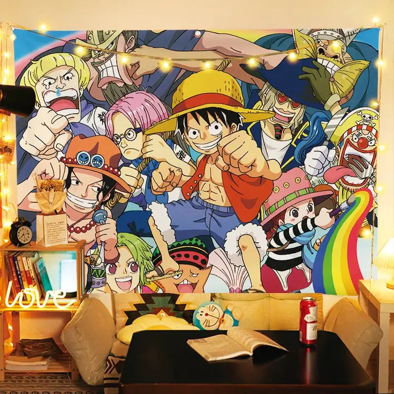 A large One Piece Luffy Tapestry hanging on a bedroom wall, featuring vibrant anime graphic art for men's room decoration.