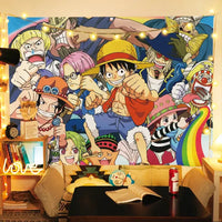 A large One Piece Luffy Tapestry hanging on a bedroom wall, featuring vibrant anime graphic art for men's room decoration.