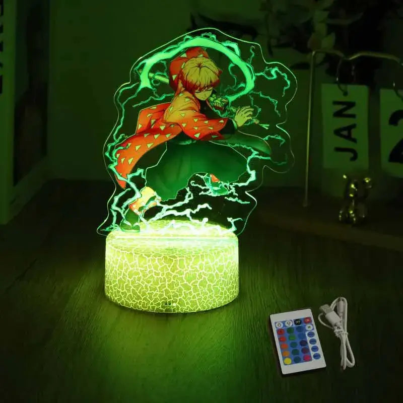 A glowing Demon Slayer 3D Lamp featuring an acrylic Tanjiro and Nezuko figure design, illuminated in blue LED light for bedroom decor.