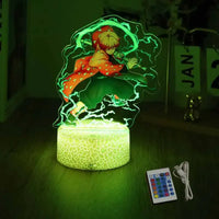 A glowing Demon Slayer 3D Lamp featuring an acrylic Tanjiro and Nezuko figure design, illuminated in blue LED light for bedroom decor.