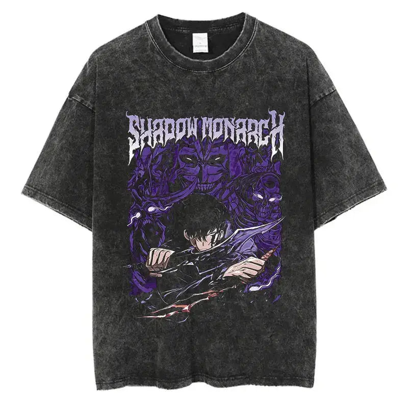 A trendy Solo Leveling Vintage T-shirt featuring a Sung Jinwoo graphic print, designed with a retro washed cotton finish for Harajuku streetwear.