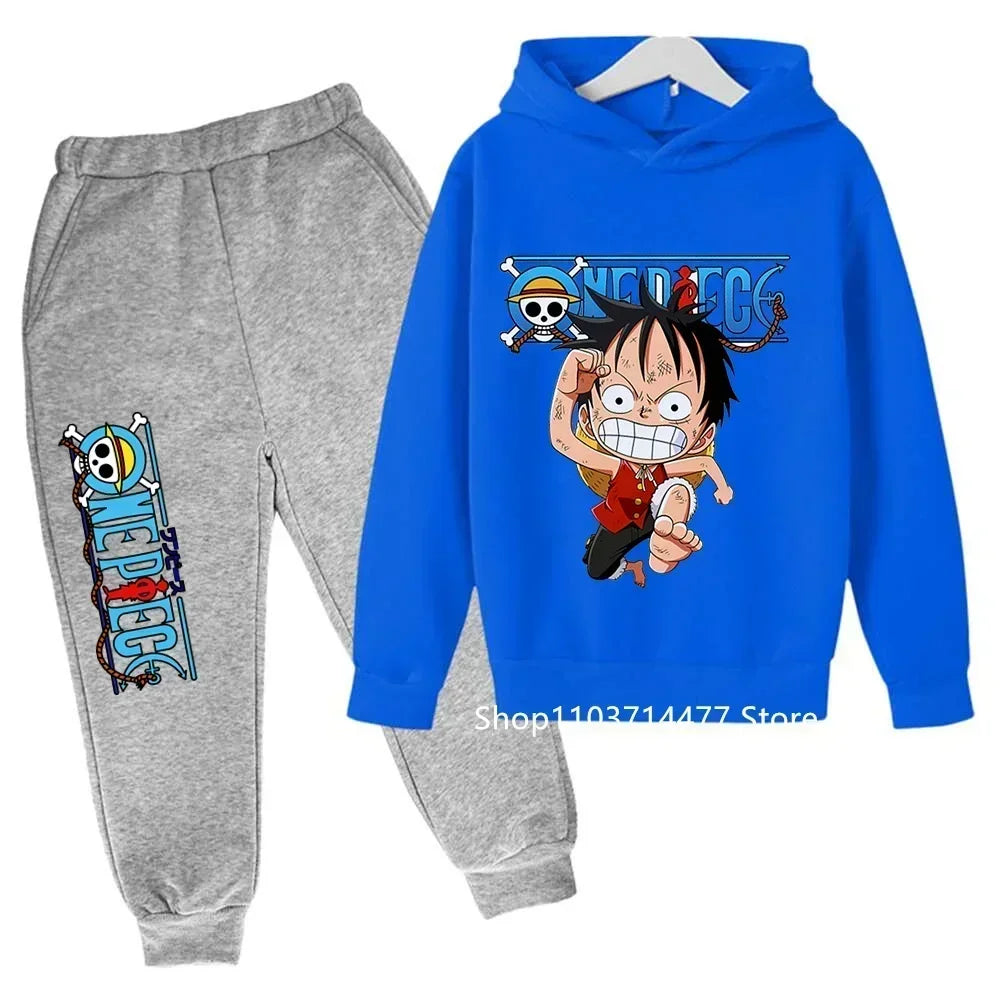 A comfortable One Piece Hoodie Set for kids featuring Monkey D. Luffy anime graphics, including a hoodie and pants 2-piece sports suit.