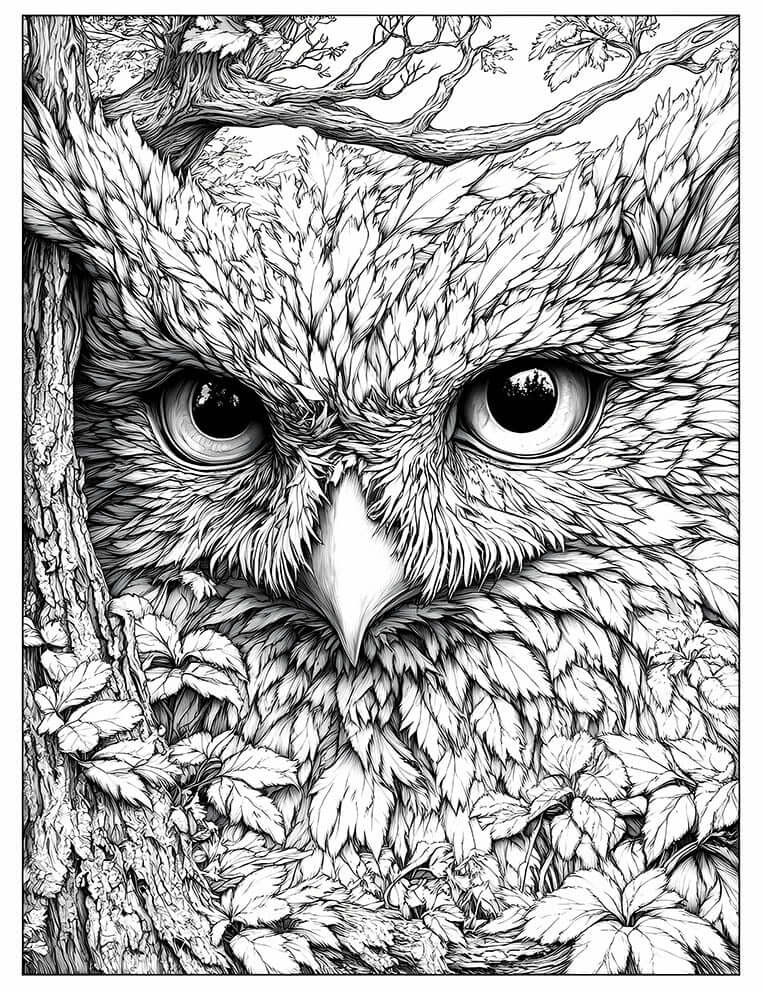 Highly detailed line art coloring page of a Sageleaf Owl Guardian, where the owl's feathers are depicted as individual leaves, with intense eyes, perched by a tree trunk in a forest setting with lush undergrowth, for advanced adult fantasy coloring.