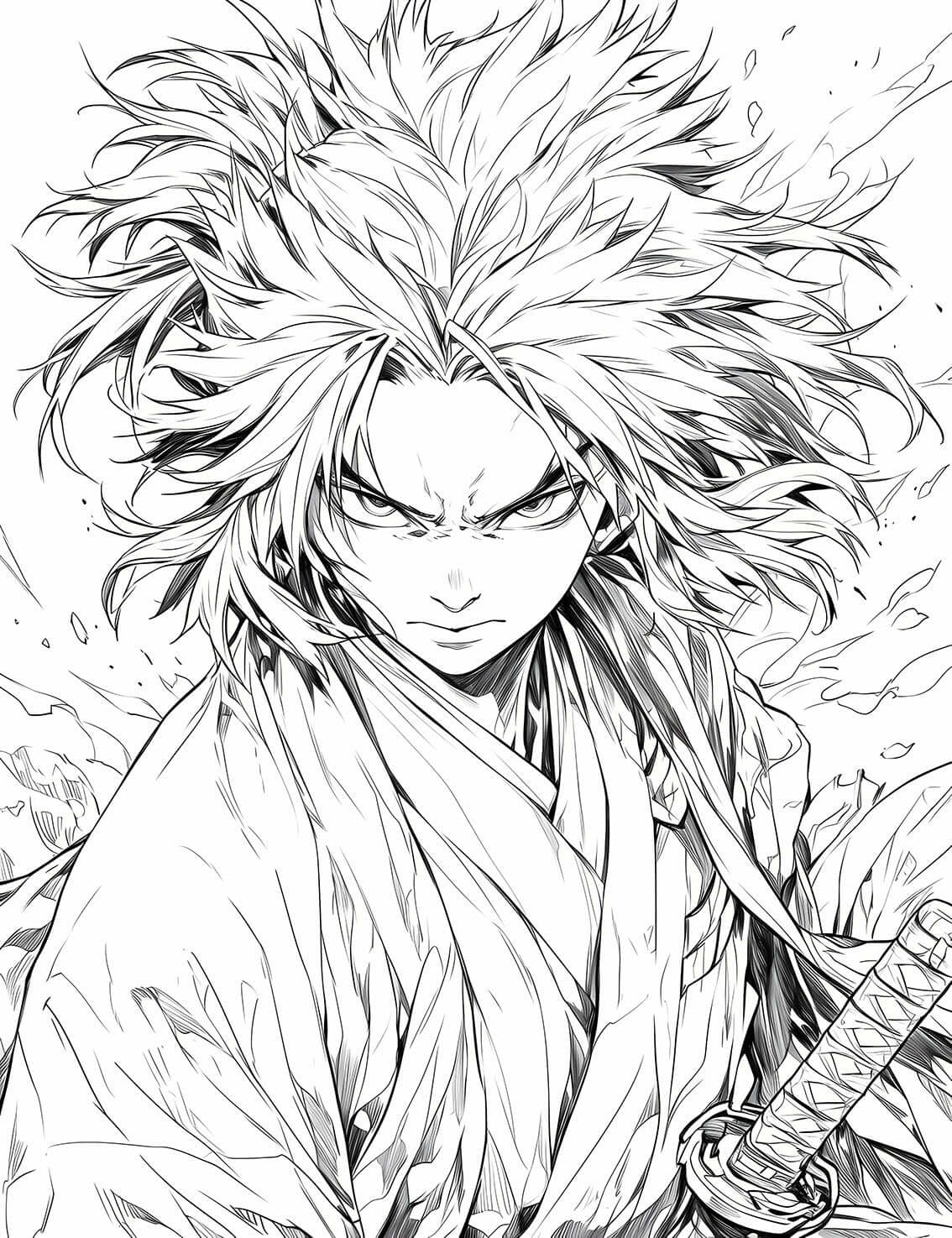 Intense line art of a samurai anime coloring page, featuring a male ronin warrior with wild, spiky hair and a focused gaze, wearing a kimono with a katana at his side.