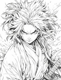 Intense line art of a samurai anime coloring page, featuring a male ronin warrior with wild, spiky hair and a focused gaze, wearing a kimono with a katana at his side.