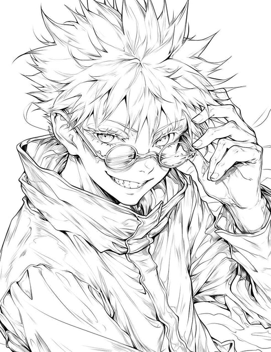 Cool black and white line art of Satoru Gojo from Jujutsu Kaisen, smirking and lowering his iconic round sunglasses with one hand.