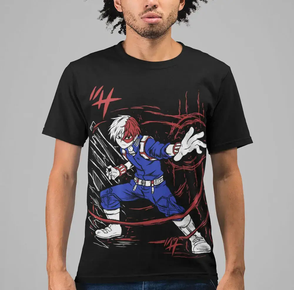 A high-quality black Todoroki T-shirt featuring graphic anime art of Dabi (Toya Todoroki) and Shoto elements, designed for men and women.