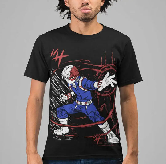 A high-quality black Todoroki T-shirt featuring graphic anime art of Dabi (Toya Todoroki) and Shoto elements, designed for men and women.