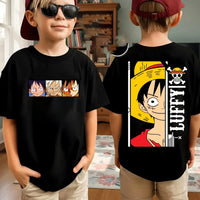 Zoro kids t-shirt One Piece Harajuku design flat lay front view white background children's anime tee