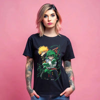 A dynamic Deku T-Shirt featuring graphic art of Izuku Midoriya, Katsuki Bakugo, and All Might from My Hero Academia on a black background.