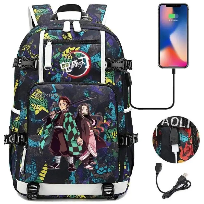 A pink and black Nezuko Demon Slayer Backpack featuring a USB charging port and kawaii anime character art, designed for teen girls and students.